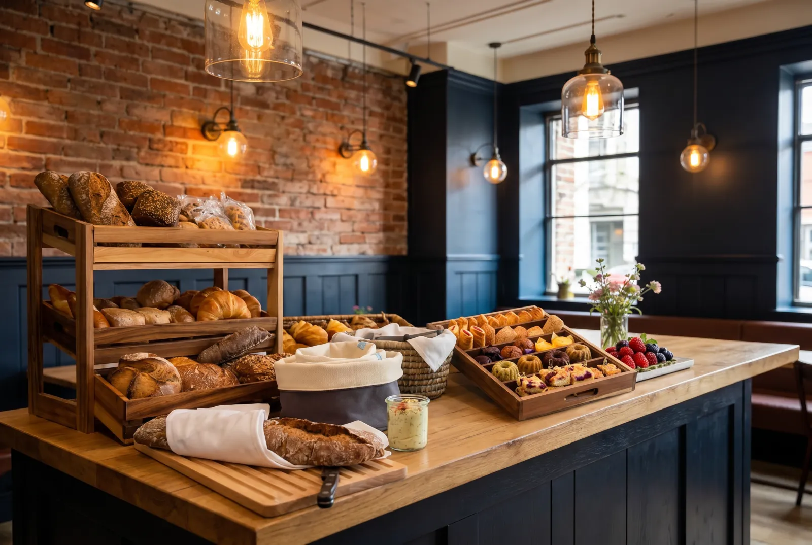 Frühstück mit Brot und Gebäck im The Brick Hotel Bocholt